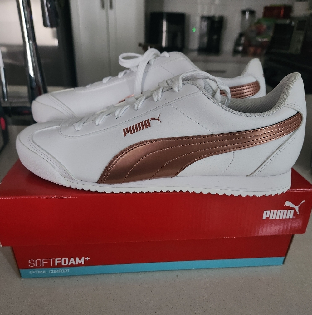 Puma White and Rose Gold Turino Sneakers 8.5